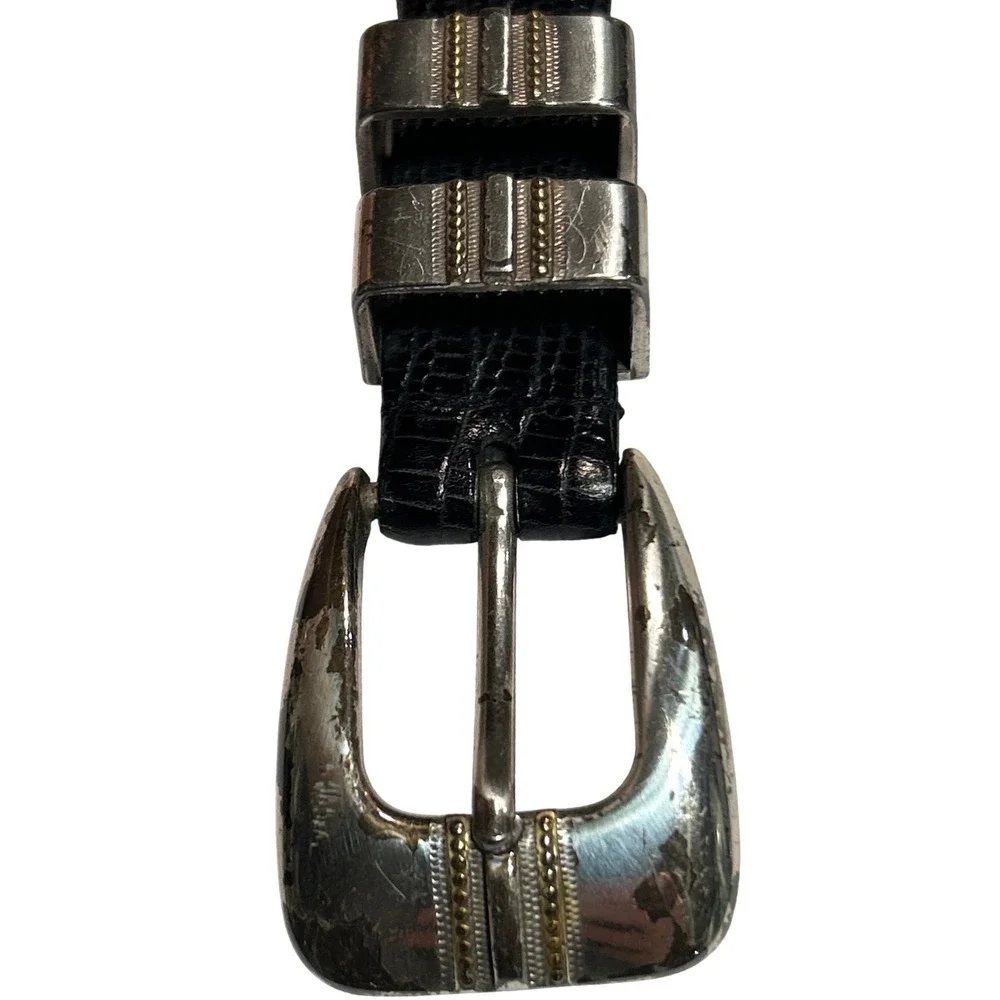 Tulliani Black Lizard Embossed Leather Western Belt Silver Tone Hardware Size 40